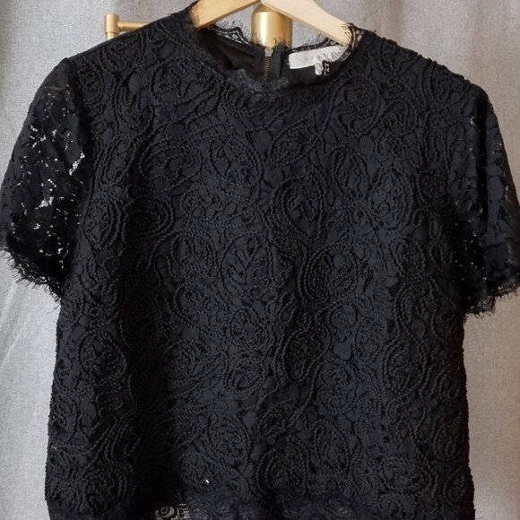 Adiva Black Lace Top XL Scalloped Hem Floral Lace Short Sleeve Blouse - Picture 3 of 7